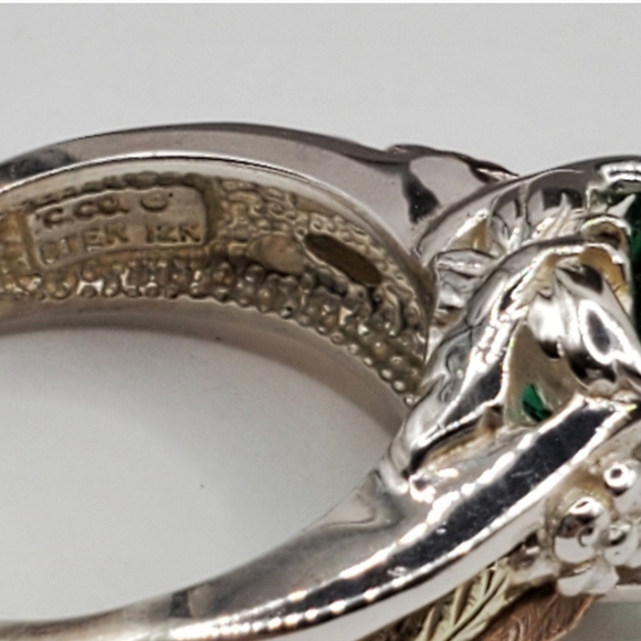 Sterling Silver / 12k Rose & Yellow Gold Simulated Green Emerald Flower Ring - Picture 6 of 7